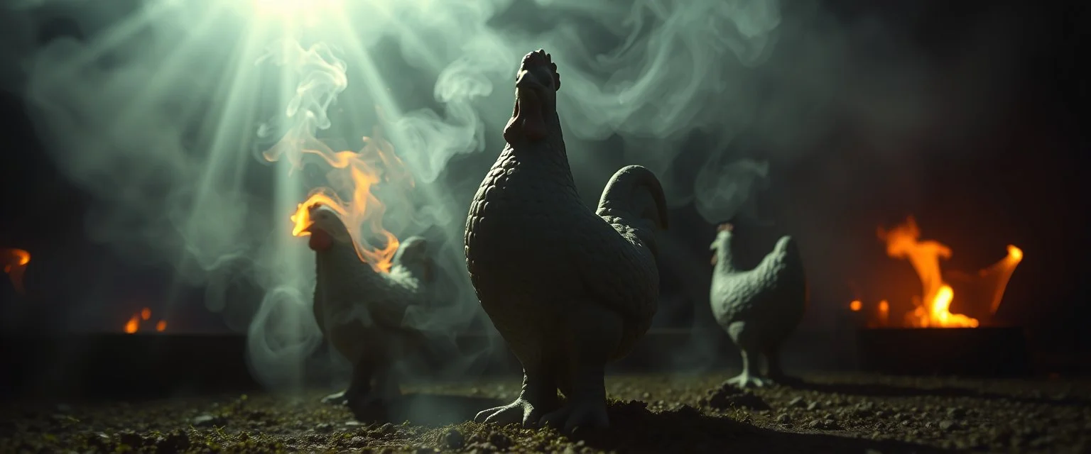 pin hole cam, fire smoke and fog and light rays, dreie seg om dekorative hagefigurer formet som høner støpt i betong, fantasy illustration, in the style of Rembrandt