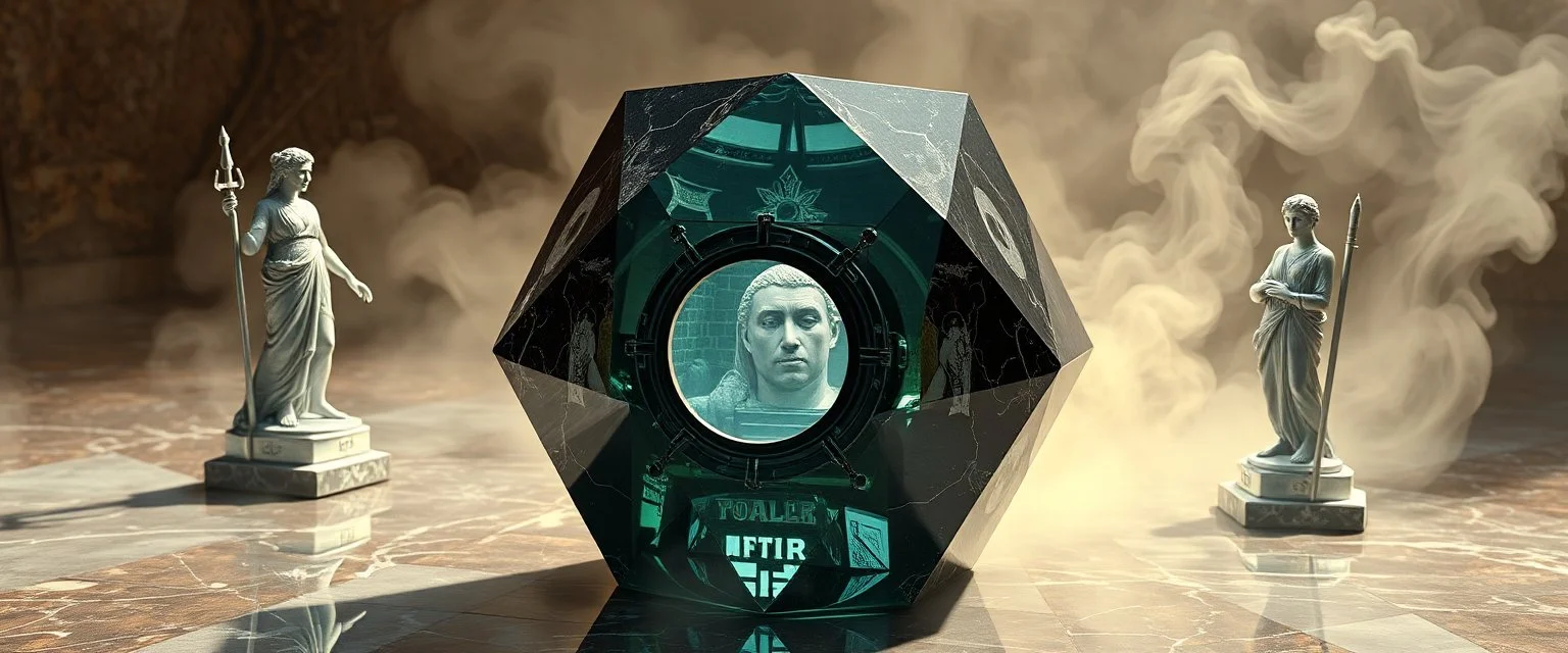 guardian of xtal artifact, oracle smoke, perfect geometry, niad, greek gods and heroes, the chariot, the fool and the tower tarot card disaster rendered in magnificient 4d glossy marble stones reflective and wet, like mirrors, winding stairs, watchers, statues of perfect transparent dented glass octahedron dice spaceship with oval interference door
