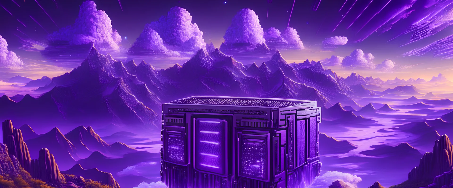 A giant server computer floating, complicated, psychedelic, purple tones, fantasy landscape, paradise, magical, high quality, 8k, digital painting, single pathway to heaven, mountains, mosaic