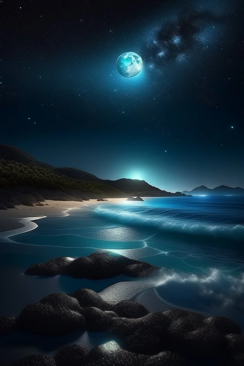 magic sea, realistic, professional photo, 4k, top view, , surf night, full moon, stars in the sky, Milky Way