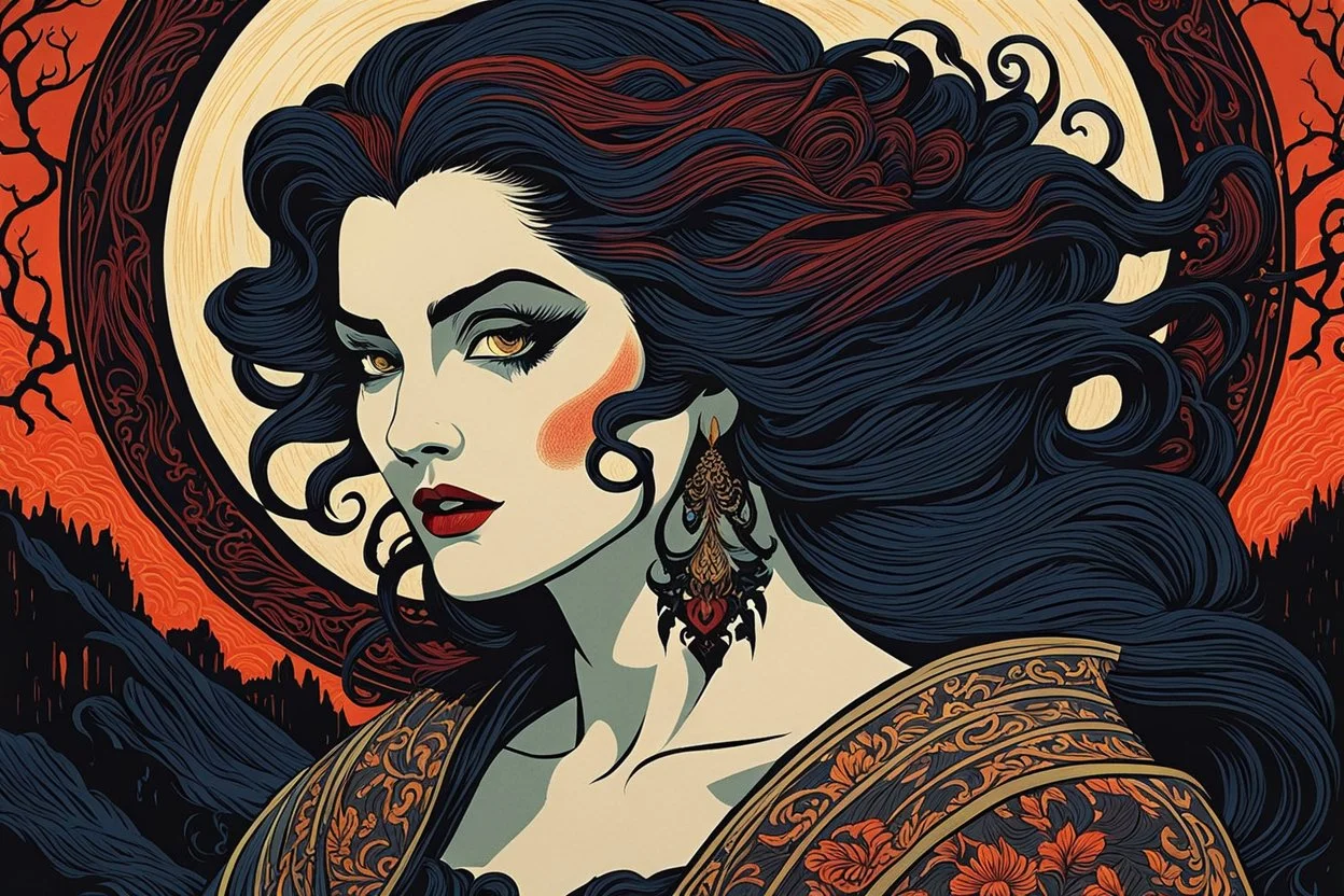 museum quality color woodcut of an enigmatic Malkavian female vampire with highly detailed hair and facial features , in the style of Gustave Baumann and Bertha Lum, with a fine art , graphic novel aesthetic, highly detailed, finely cut ,8k render,