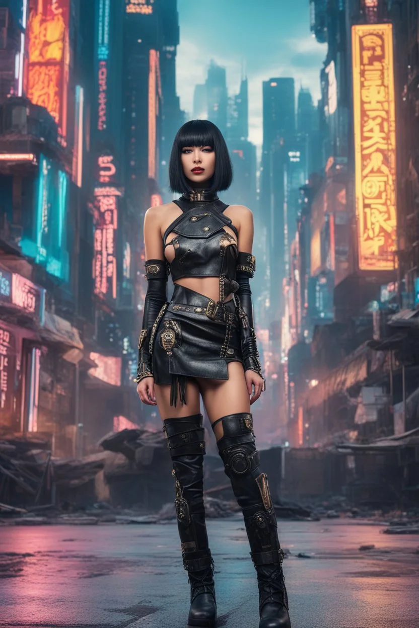 full-body-art of a woman with a bob with a fringe hairstyle, Cleopatra clothing, black knee-high boots, cyberpunk city background