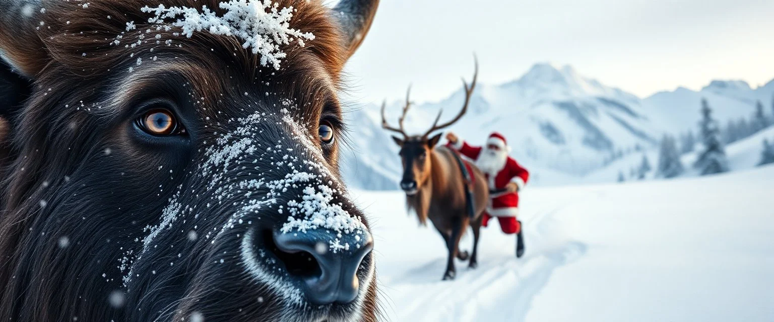 creature with eyes of hound bison reindeer yoga man with the snow flake pattern in the pupils in running in the snow in the snowy mountain with santa