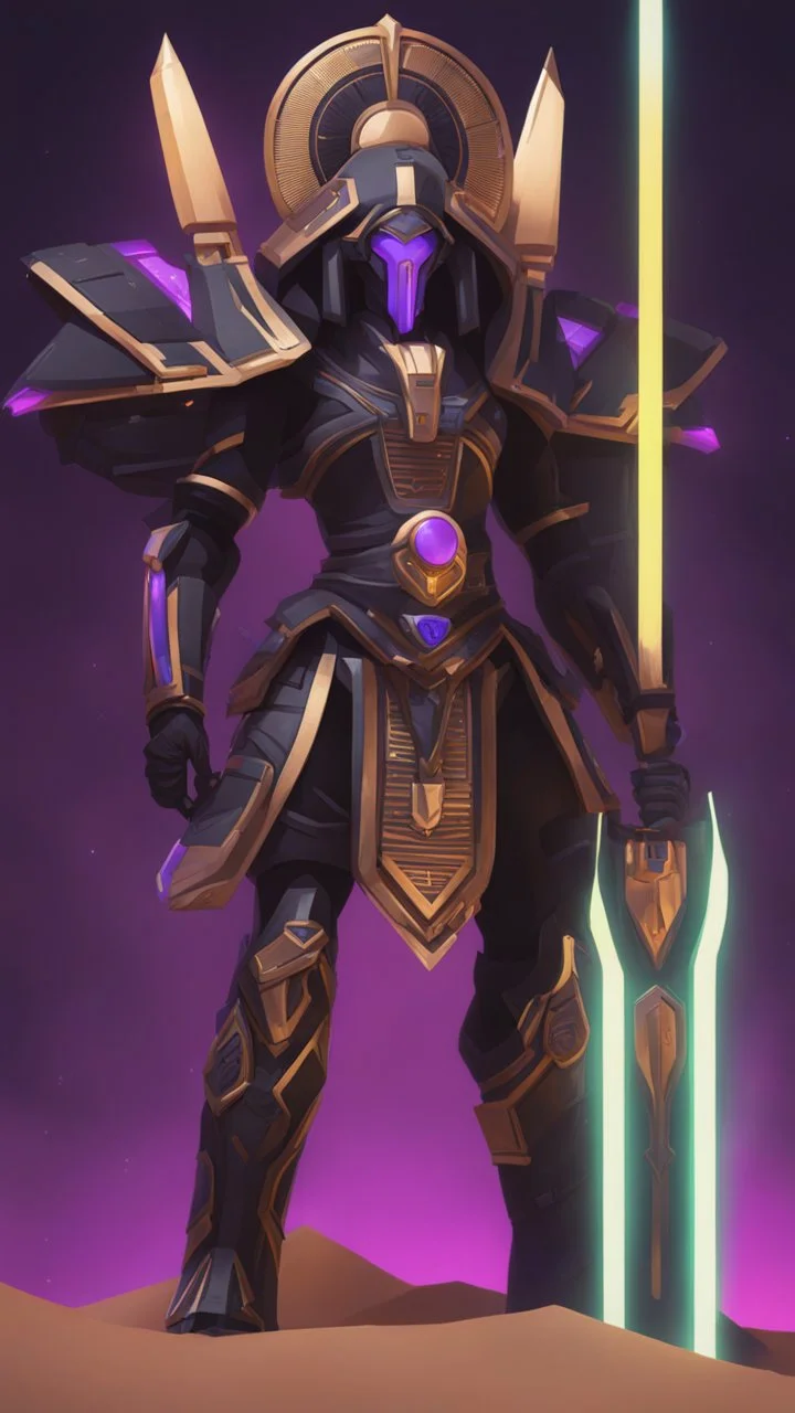 A close picture to Ramattra nemesis form egypt them in overwatch art style with black color and neon purple details in Desert