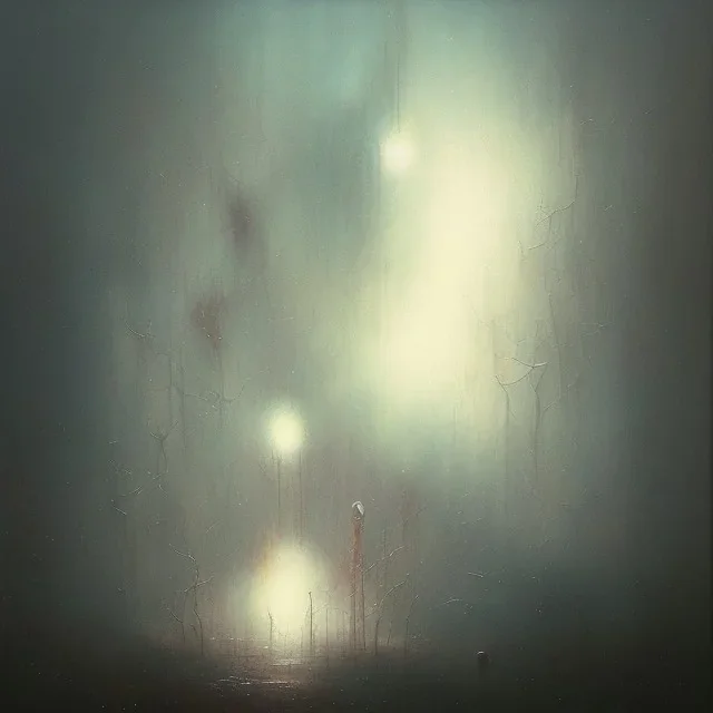 photographic camera in abstract style. fog and smoke in atmosphere. bokeh, lens flare. Dark mood. Dripping paint. oil on canvas, high detailed. beksinski