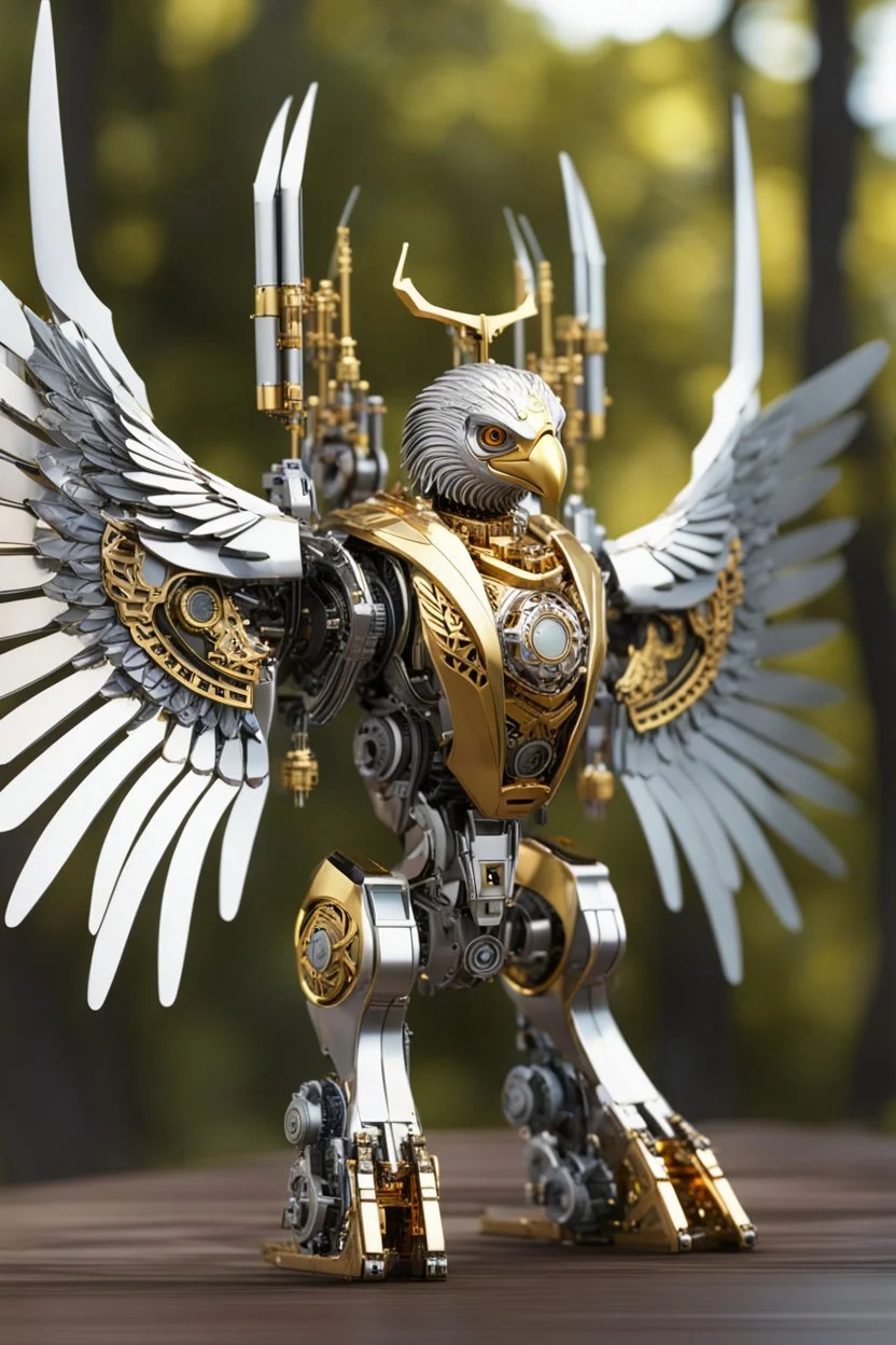 Facing front eagle cyborg straddle wings, detailed, intricate, mechanical, gears cogs cables wires circuits, gold silver chrome copper, blurred woodland background, shallow depth of focus, render, cgi, ray-tracing