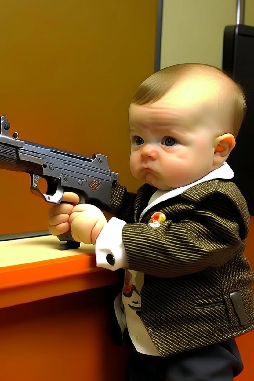 Picture of baby robbing a bank with a toy gun.