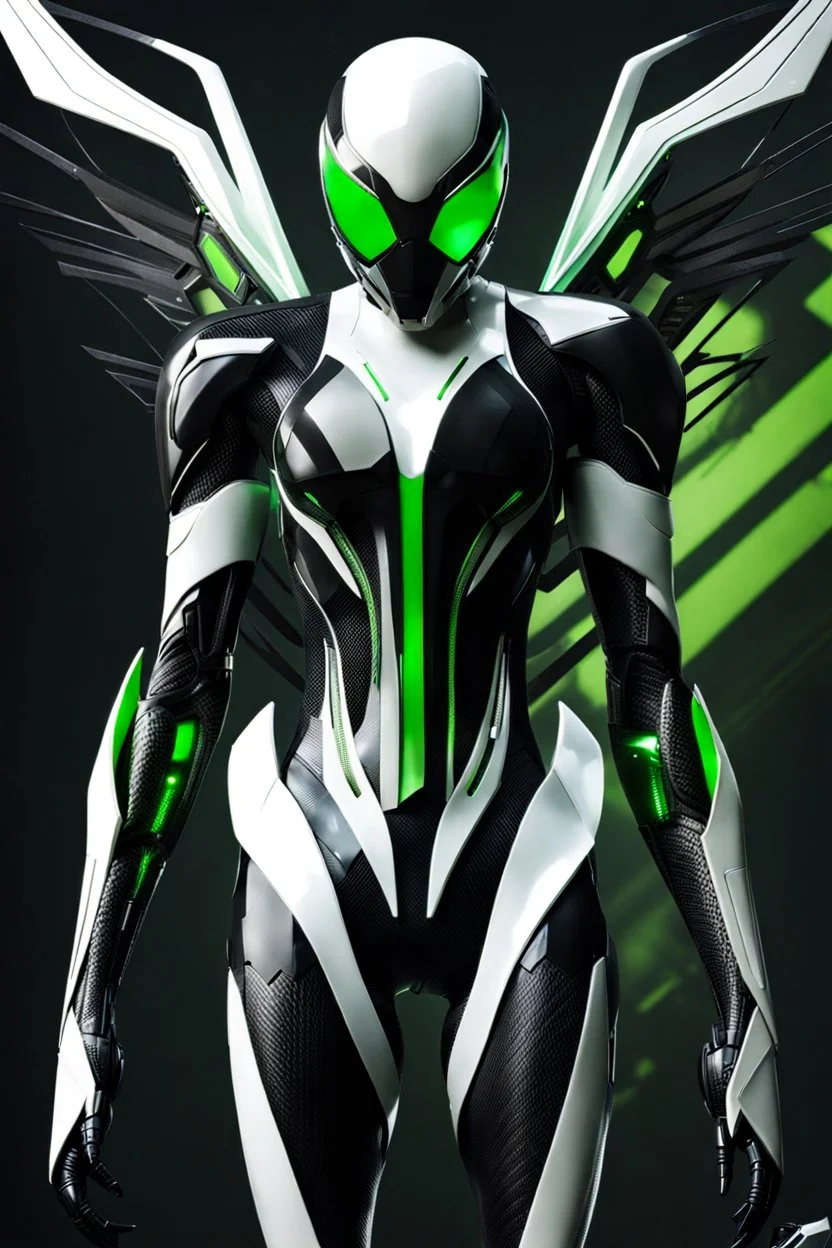 Cyborg symbiote, white color, green color, tendrils, high tech, cyberpunk, biopunk, membrane wings, carbon fiber