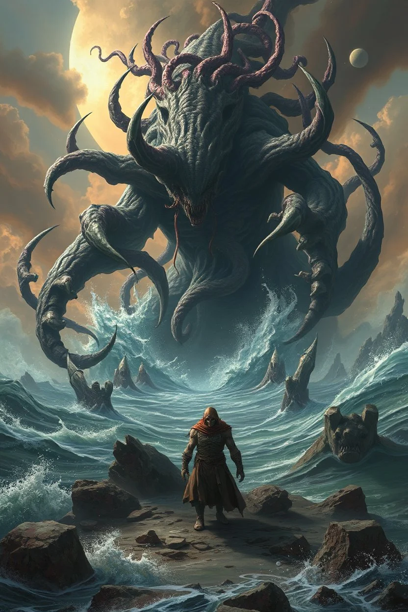 Create image depicts a landscape engulfed by a colossal, entity rising from a chaotic sea.the scene, creating an apocalyptic atmosphere. Its many sharp claws and writhing tendrils emerge from the ocean, symbolizing unstoppable destruction. In the foreground, a humanoid figure stands defiantly amidst the chaos, appearing to battle the monstrous force. This figure is clad in alie