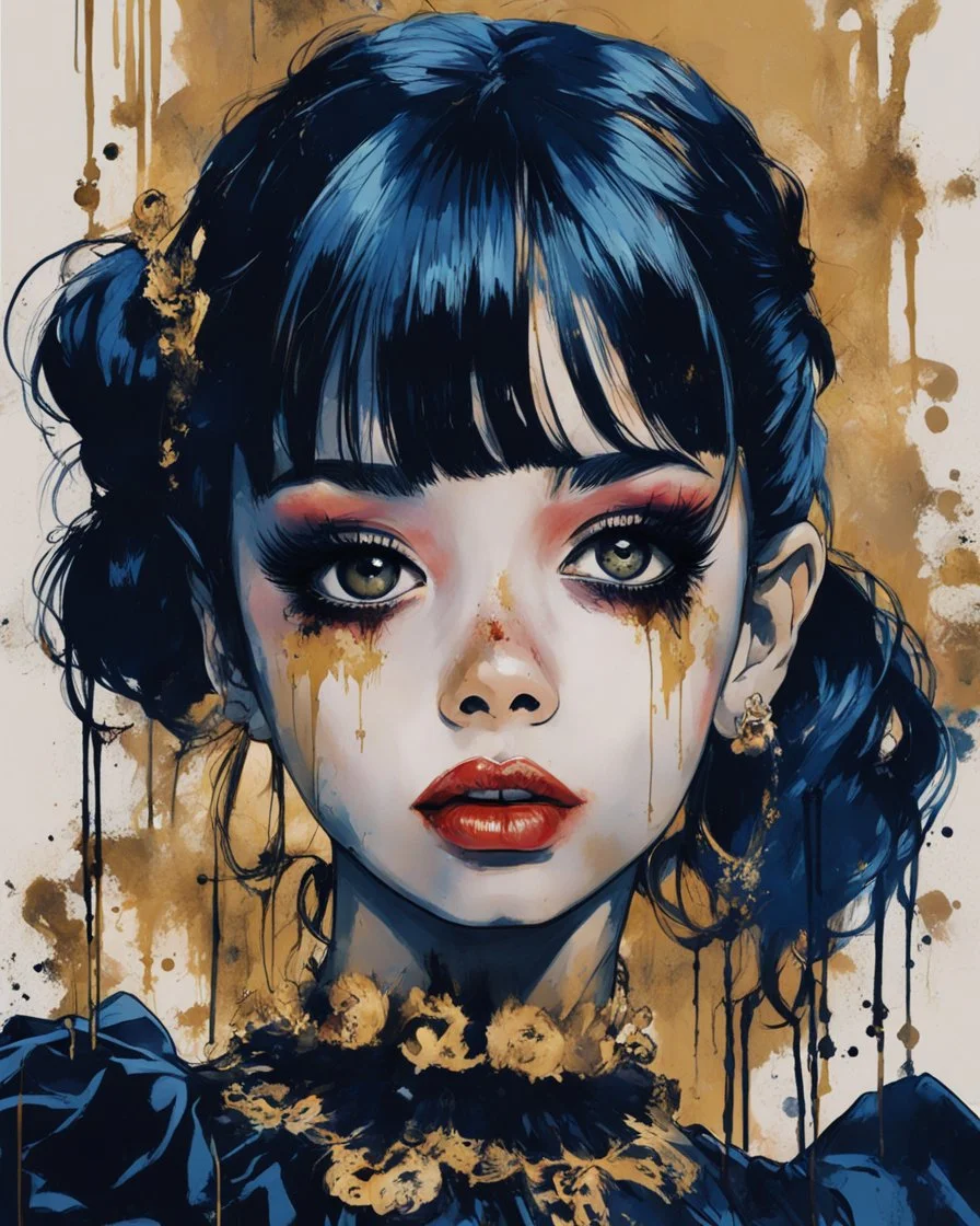 Poster in two gradually, a one side malevolent goth vampire girl face and other side the Singer Melanie Martinez face, painting by Yoji Shinkawa, darkblue and gold tones,