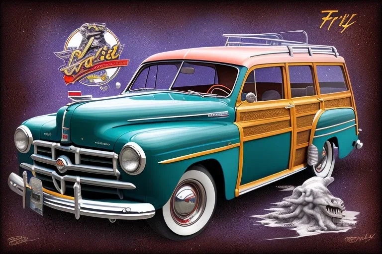 a true-to-life 1948 Ford Woody Station Wagon, classic wheels, two-tone paintwork, centered, intricate, extreme detailed, photorealism, center view, stylized random background, pivot on ford, pen and color marker painting by cheryl kelley