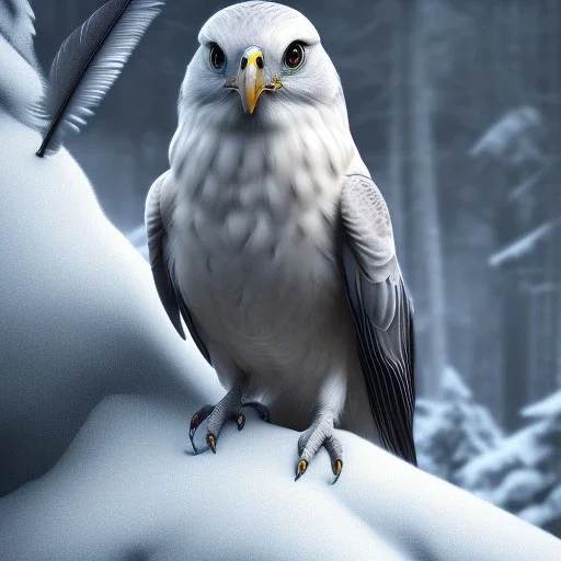 portrait of a bird of prey, feathers, extremely sharp detail, finely tuned detail, ultra high definition, 8k, unreal engine 5, ultra sharp focus, winter ambiance, forest background