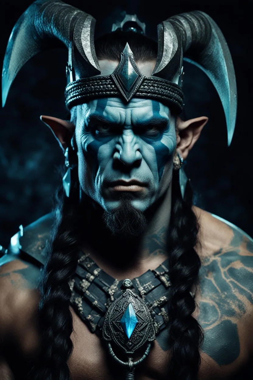 portrait of an orc king with pale blue skin. Tribal Tattoo. Dark braided hair and ice blue eyes. He's smirking. Half of his head is shaved. wearing jewellery. Carrying a battleaxe. High resolution. 4K. 8K. Dark Fantasy style. Cave in the background