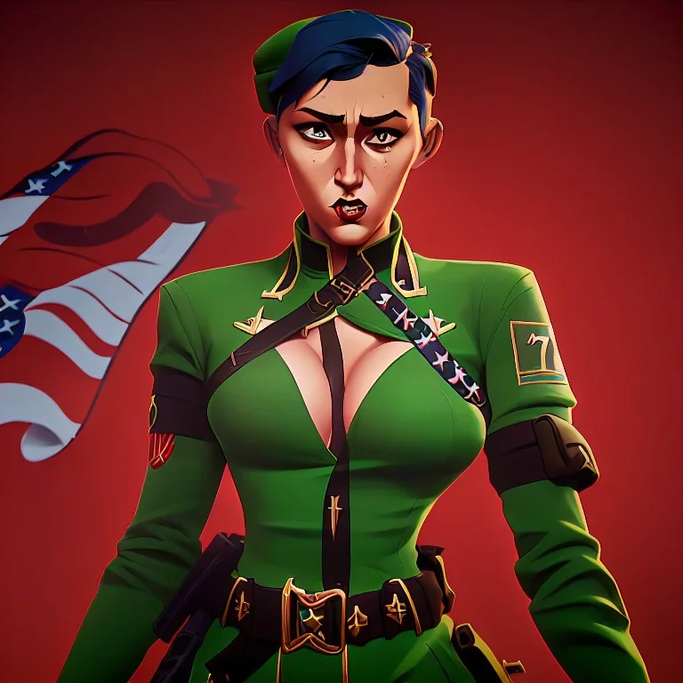 War propaganda of a sexy patriotic female soldier wearing green w red lights full torso wearing medals and a biplane overhead flying in the background