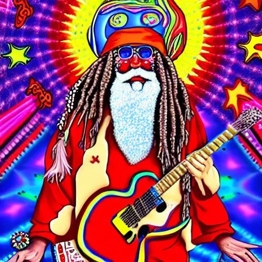 hippie Santa playing electric guitar psychedelic peace sign, MUSHROOMS, TRIPPY, ACID, LSD, dreadlocks