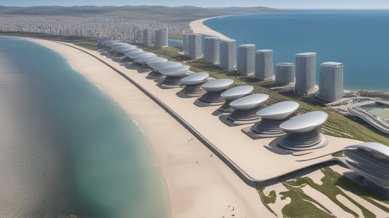 Long, Sweeping Sandy Bay With Huge Futuristic Buildings Along The Shoreline, Futuristic Piers Stretching Out Into The Sea, with Buildings At The Ends