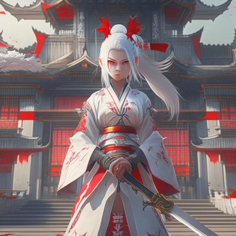 UHD, hd, 8k, hyperrealism, Very detailed, zoomed out view, full character in view, white hair female demon character wearing a hanbok with a white top and long red bottom, she holds a katana in her right hand, she stands in front of a Japanese style palace digital art, anime, full details