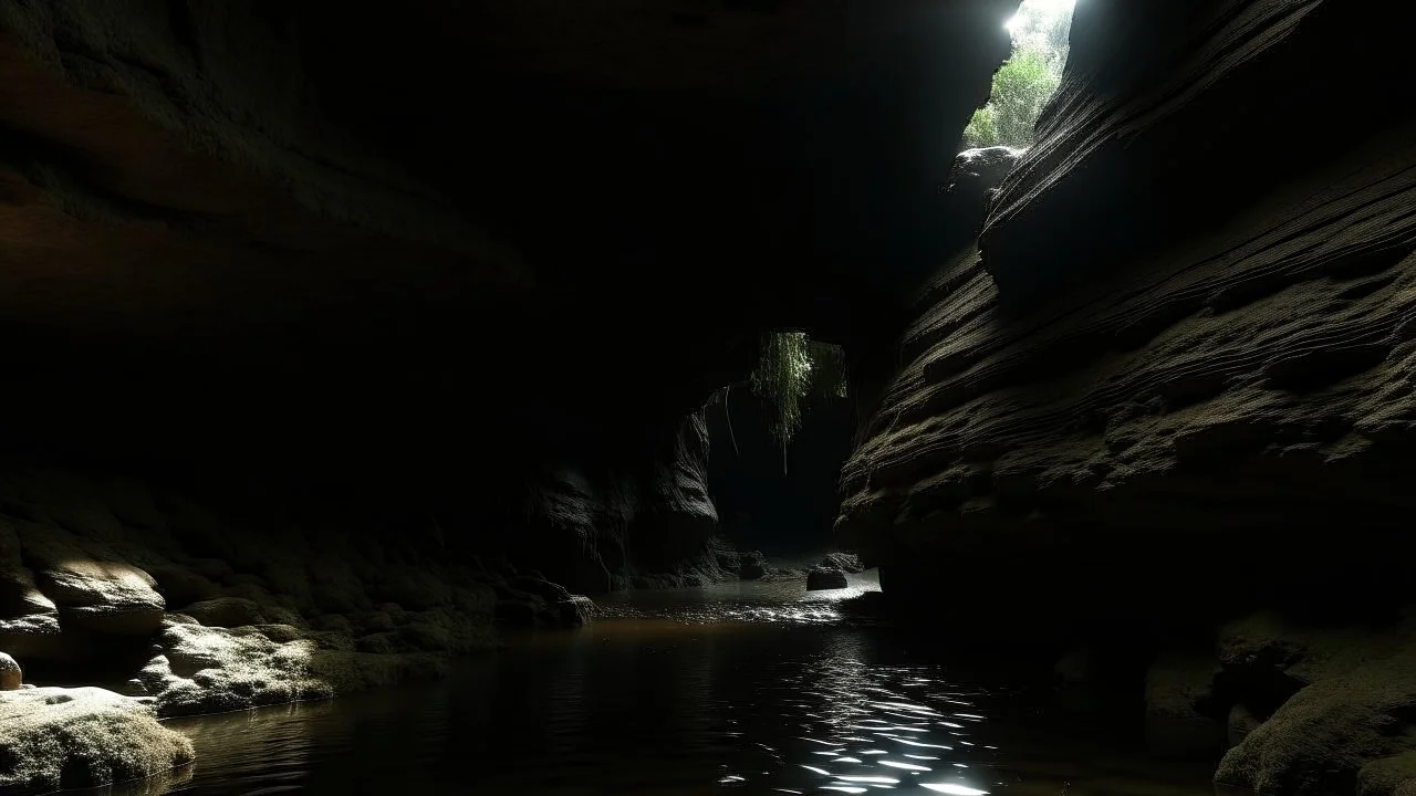 dark rock cave, looking upward as the cave continues upward. A stream runs down the the left side, lined by a small dam, in the style of jordan grimmer