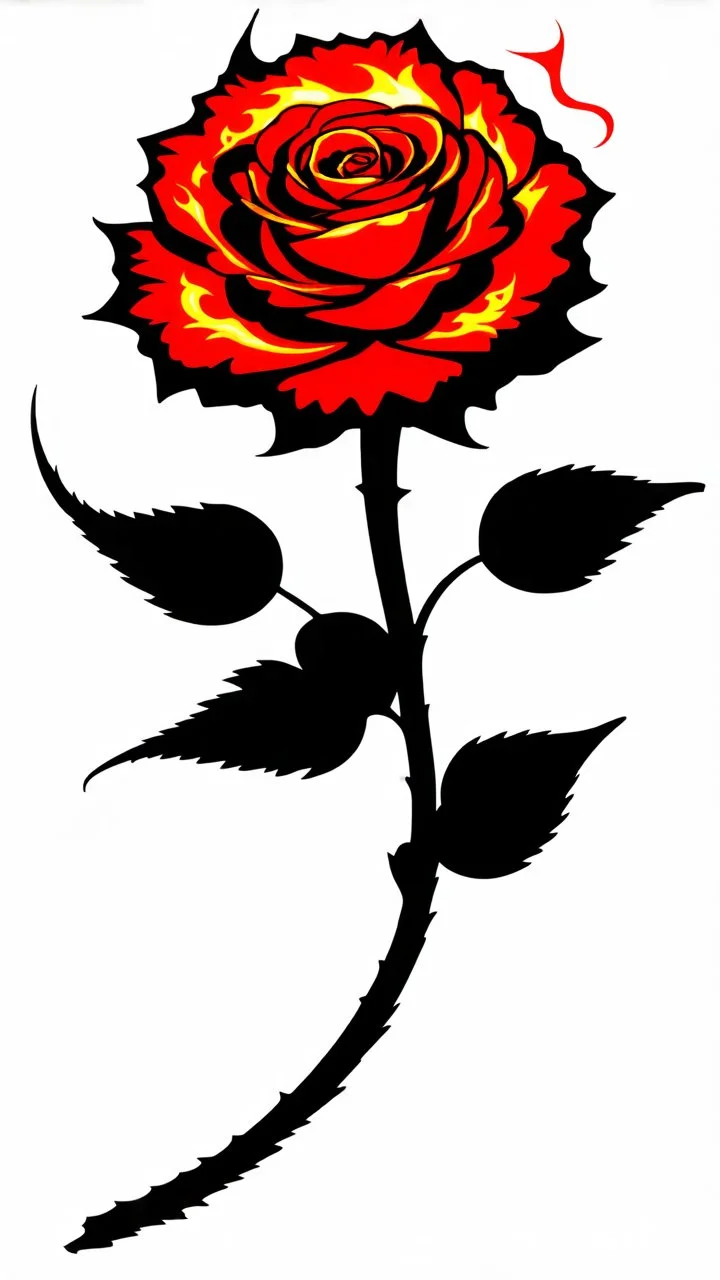 a rose where the stem(black) flows like smoke, and the flower(red) is made of fire shapes that spiral in the middle, vector in a hot-rod and tattoo style