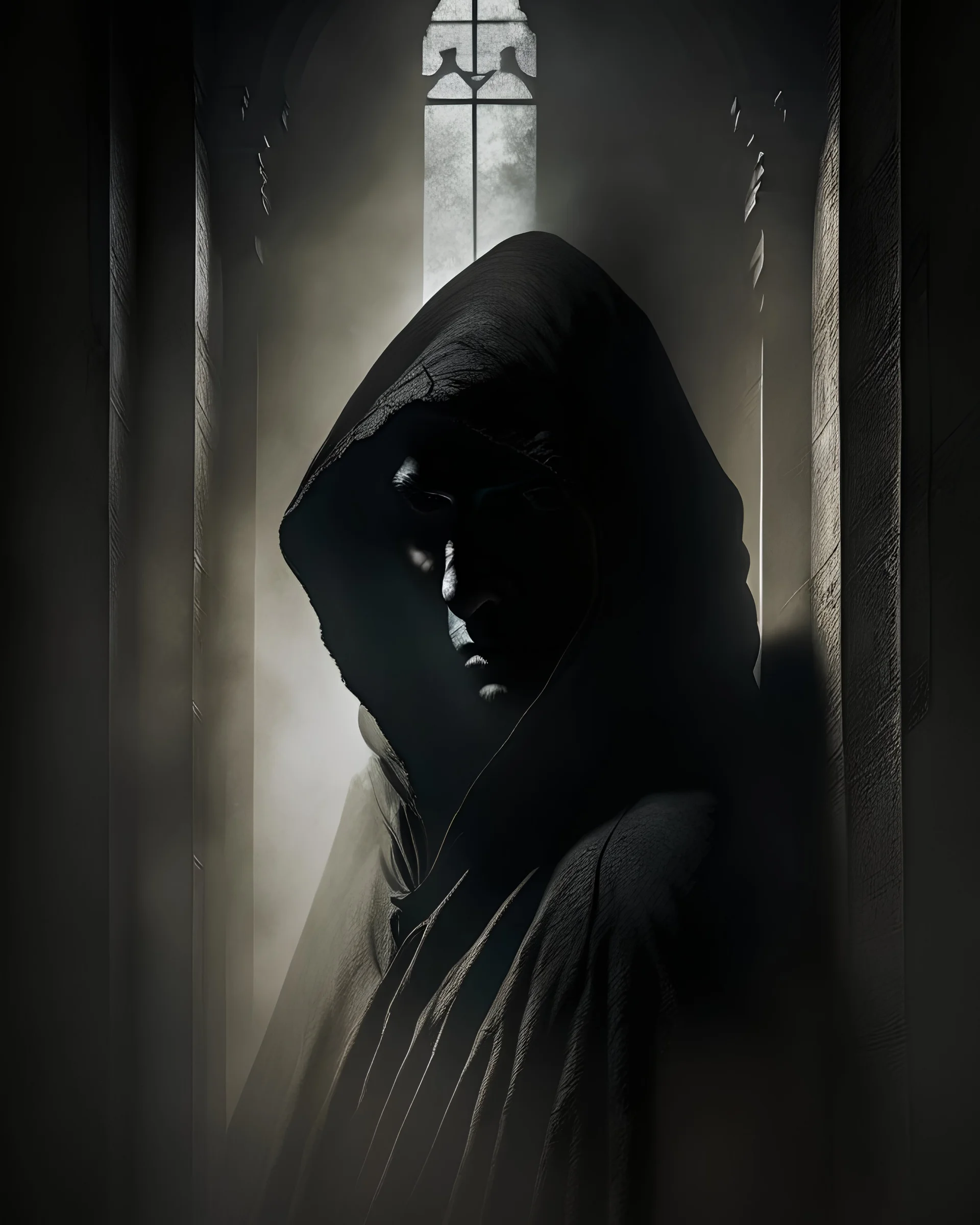 A haunting and atmospheric portrait of a mysterious figure, shrouded in shadow and framed by dramatic, architectural elements. The subject's gaze is piercing and enigmatic, while the chiaroscuro lighting and high contrast create an intense, moody atmosphere.