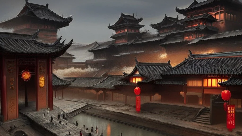 ancient, fantasy, chinese town, dune, crater, sand strom, destroyed chinese houses