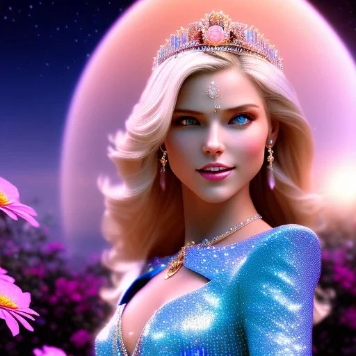 Princess, woman blondie, smile, beautiful place,amazing, flowers, colors, blue and pink butterfly, , realistic, photo real, stars night, detailed, high contrast, 8k high definition, unreal engine 5, extremely sharp detail, light effect, light background