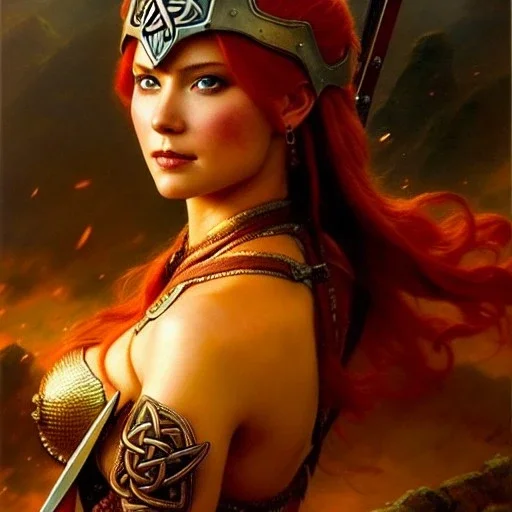 portrait 'beautiful Sexy busty Redhead Sif',Braids,horned helmet, celtic tattoed,painting by gaston bussiere, greg rutkowski, yoji shinkawa, yoshitaka amano, tsutomu nihei, donato giancola, tim hildebrandt, oil on canvas, cinematic composition, extreme detail,fit full head inside picture,32k