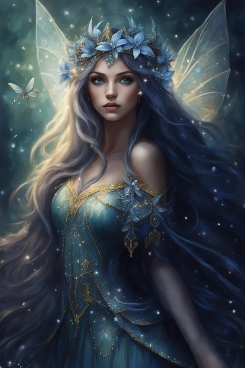 Midnight blue,Dark blue hair,night,dark fairy princess ,elven crown,elven ears,sparkle,glitter,lillies of the valley,gold armor,dragonflies,rapunzel hair