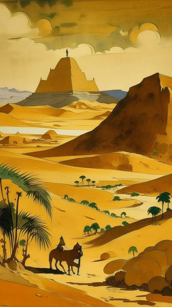 A brownish golden sandy badlands near a volcano designed in African pottery painted by Lyonel Charles Feininger