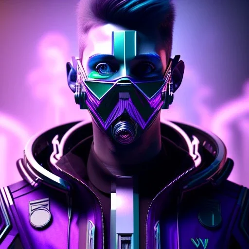 cyberpunk purple masked villain in galaxy, teal and purple smoke, detailed, realistic, 4k