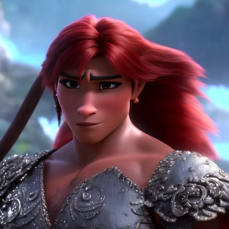 Barbarian anime character, animal hide armor, physically fit, tribal tattoos, scars, washboard abs, red facepaint, red hair, dark eyeshadow, intricate eyeliner, soft round eyes, beads in hair, 8k resolution, cinematic smooth, intricate details, vibrant colors, realistic details, masterpiece, oil on canvas, smokey background