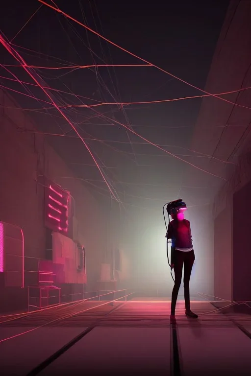 3d, si-fi hunger , far away a girl in the middle, stand on round platform, connected by wires , vr googles, beautifully color coded, super detailed, moody lighting, volumetric lighting, night time