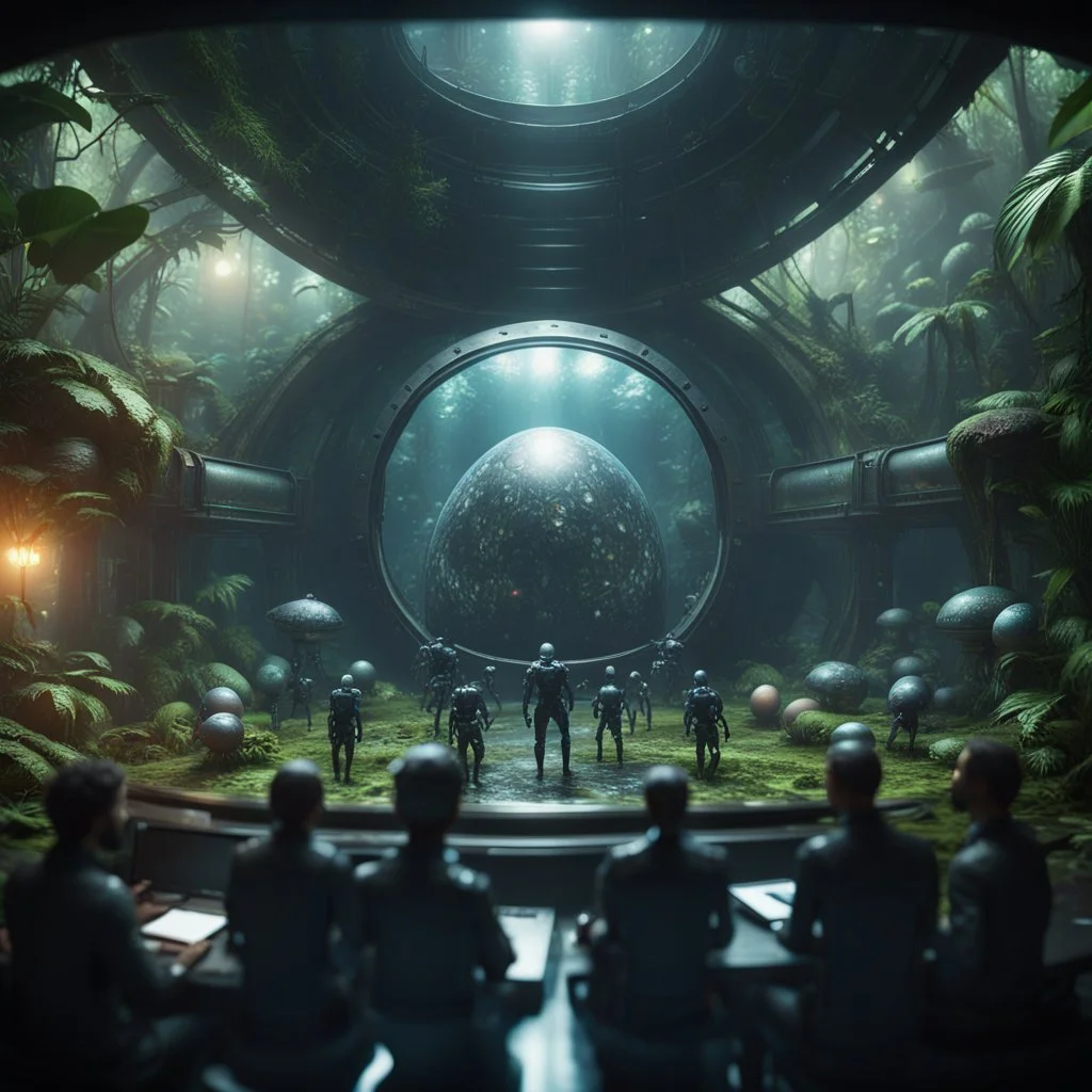 a video conference on egg like video screen with multiple sick aliens held by a scientist in dark lit reflective wet jungle metallic hall dome hotel tunnel, in the style of a fallout 4,bokeh like f/0.8, tilt-shift lens 8k, high detail, smooth render, down-light, unreal engine, prize winning