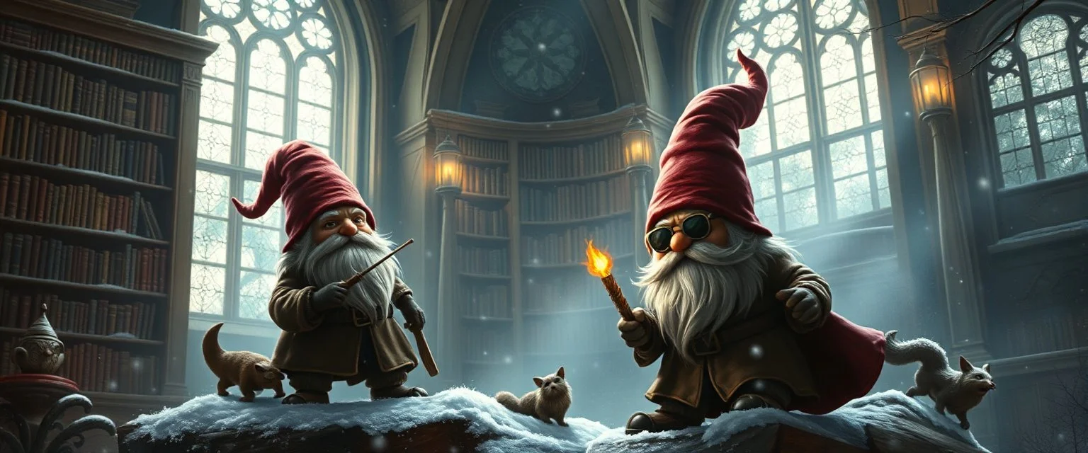 winter glow, master oil painting by Rembrandt, magia spy gnomes soap opera poster, huge multi level archeive, library, woodland creatures, motion blur, background mist, light beam from windows