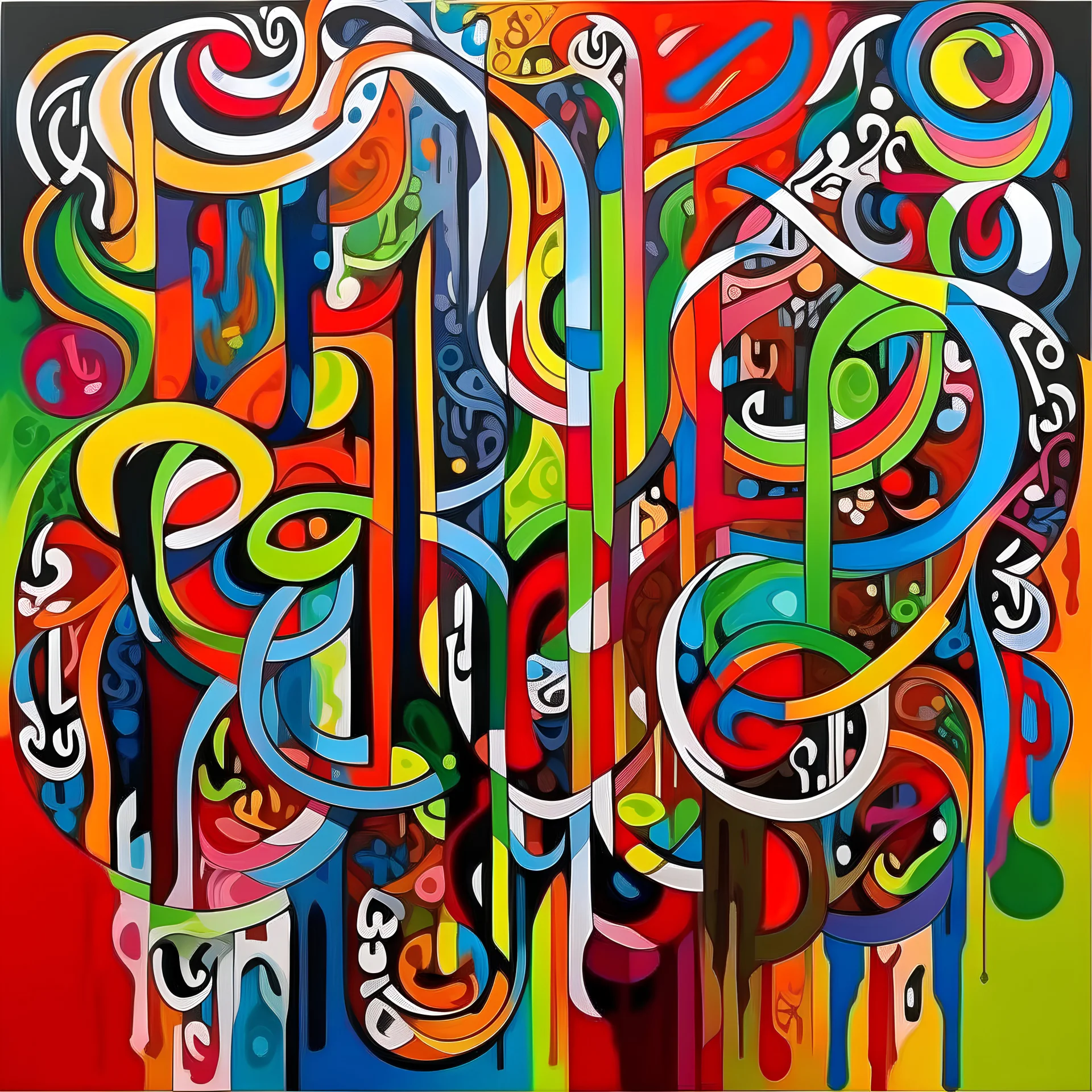 An abstract artistic painting made up of colorful Arabic letters