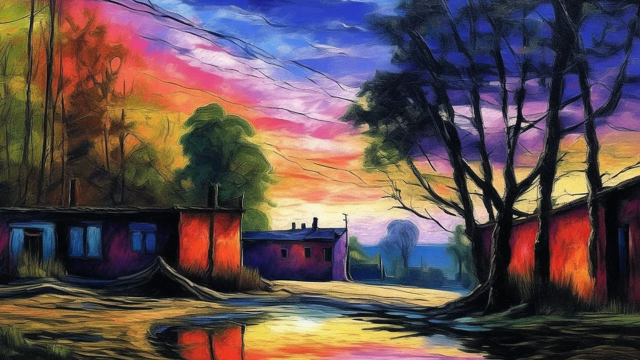 A colorful abstract landscape with a body of water reflecting the vibrant orange, blue, and purple hues of the sky and trees. The scene has a dreamlike, surreal quality with blurred and distorted shapes