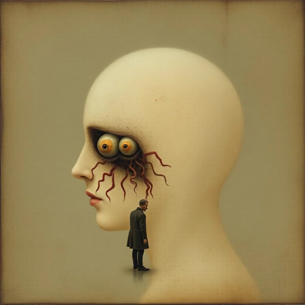 Human subconscious stain, homogenized obsolescence phobia, by Pawel Kuczynski and Wassily Kandinsky, surreal, grainy mixed media image, sinister