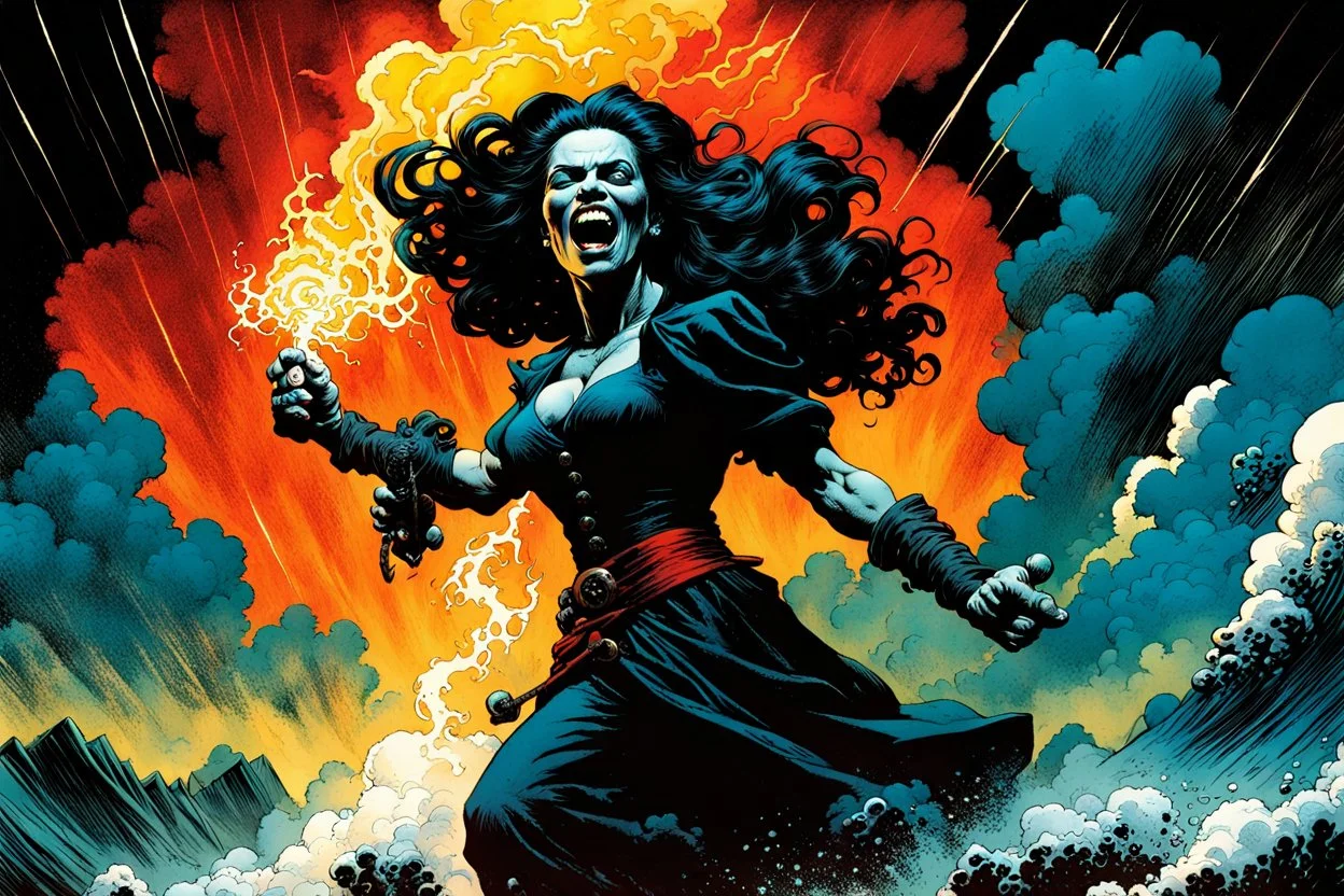 create a surreal horror comic style illustration of female vampire conjuring a violent storm , with highly detailed facial features, in the comic art style of RICHARD CORBEN and FRANK FRAZETTA, searing lines and forceful strokes, precisely drawn, boldly inked, with gritty textures, vibrant colors, dark and dramatic otherworldly lighting