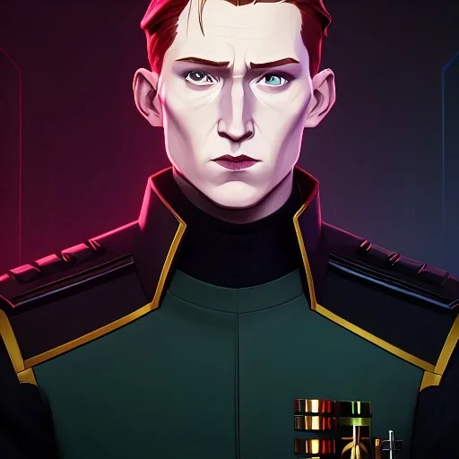 portrait, general hux, wearing a black First Order uniform, serious, imposing figure, thick eyebrows, 8k, digital art, red light coming from the left and blue light coming from the right cinematic lighting, wearing a black First Order uniform, green eyes