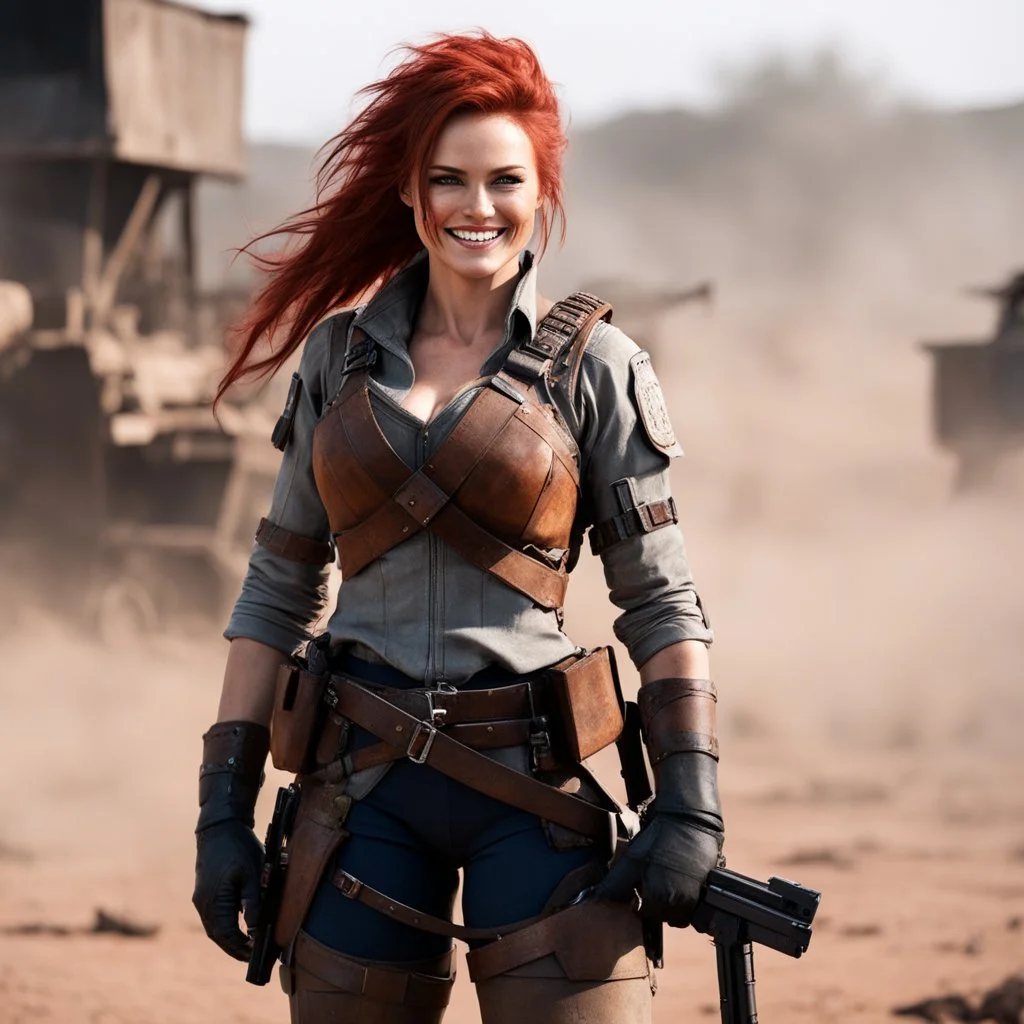 she smiles, ready to fight, in dust, rust and blood, her body is covered with cartridge belts