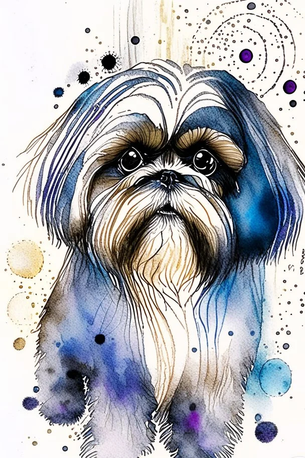 Abstract wet watercolour of a Shih tzu ink lines, interlinked circles,detailed focus on eyes