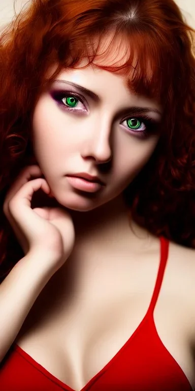 Studio portrait photo of a sexy and seductive woman age of 27, green ball eyes, red hair,very detailed face, studio lighting, fantasy, golden ratio, sharp focus color, corrected hyper detailed pino daeni