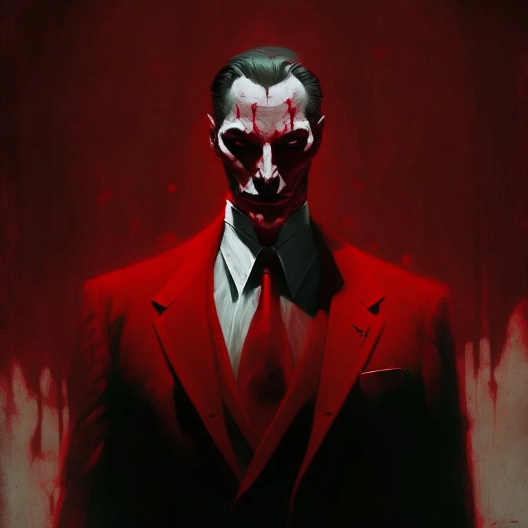 a sinister figure wearing a red suit with a red tie and a priest's collar with no face and dirty slicked back hair