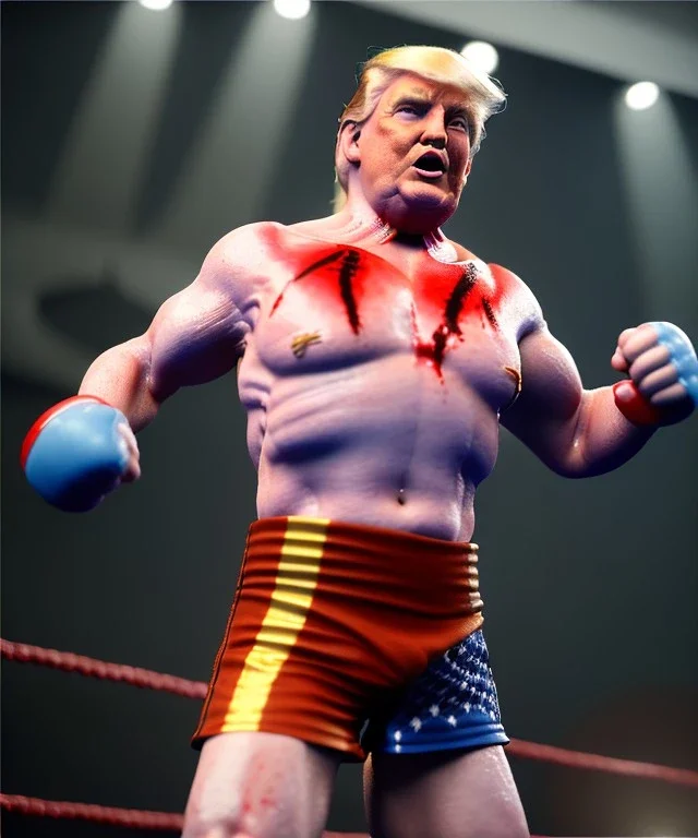 Realistic image, Donald trump wrestling, fighter, naked torso, blood, sweat, breeches, suspenders, retro style, 80s, hot ambient, photo studio, red, explosion, vibrant color, gradient, highly detailed, art stations, explosions, concept art, smooth, unreal engine 5, god rays, ray tracing, RTX, lumen lighting, ultra detail, volumetric lighting, 3d, finely drawn, high definition, high resolution.