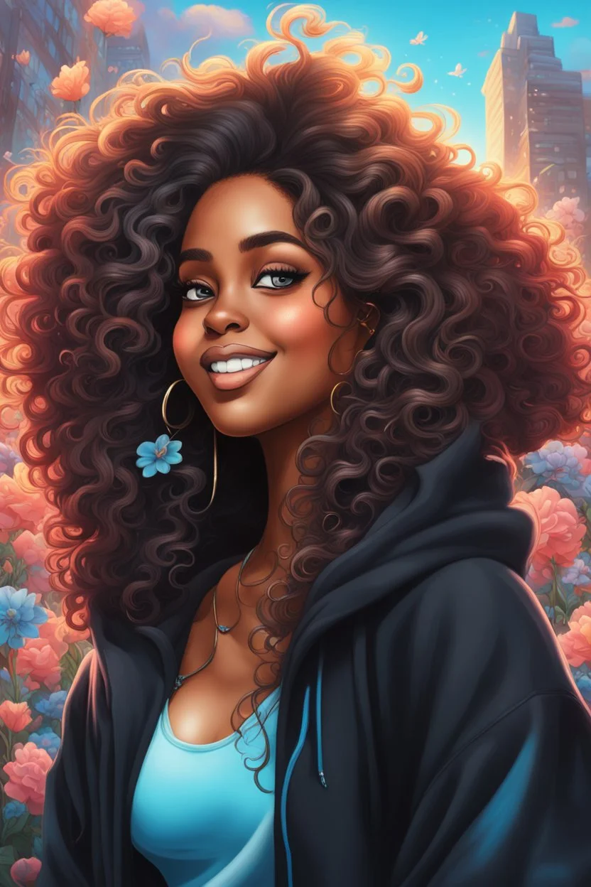 vibrant psychedelic urban culture image, airbrush, 48k, cartoon art image of a black curvy female looking to the side smiling with a large mane of curly ombre hair flowing through the wind while she has a black hoodie on, prominent makeup with hazel eyes, highly detailed hair, background peach and light blue flowers surrounding her, dystopian