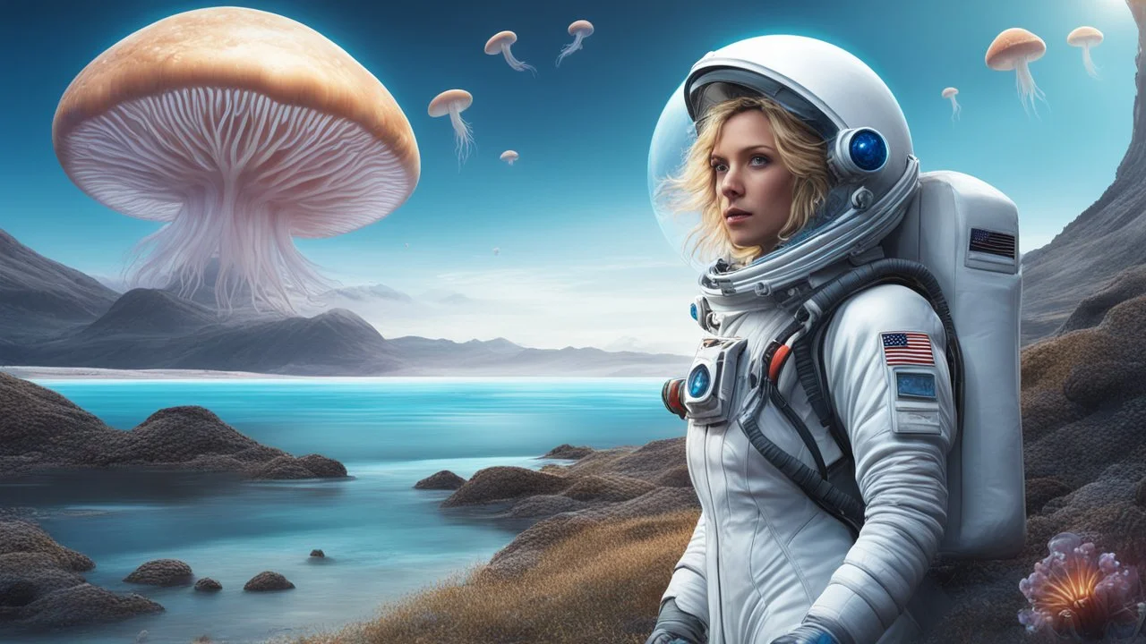 blond haired woman in a spacesuit, on the shores of an alien world, with mushrooms, with jellyfish tentacles floating in the air, photorealistic, Detailed Matte Painting, Deep Colour, Fantastical, Intricate Detail, sunshine, blue sky