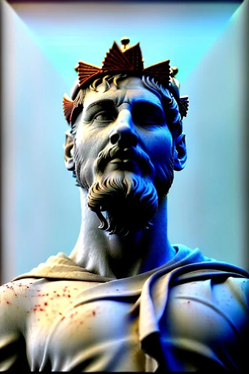 Ultra Realistic image, Roman sculpture, white marble material, Lionel Messi, gold crown of natural thorns, god crown, Miguel Angel style, sun rays background, waist up portrait, epic, celestial, cinematic lighting, God lights, 4k resolution, smooth details, soft lighting, unreal engine 5, art station, substance 3d.