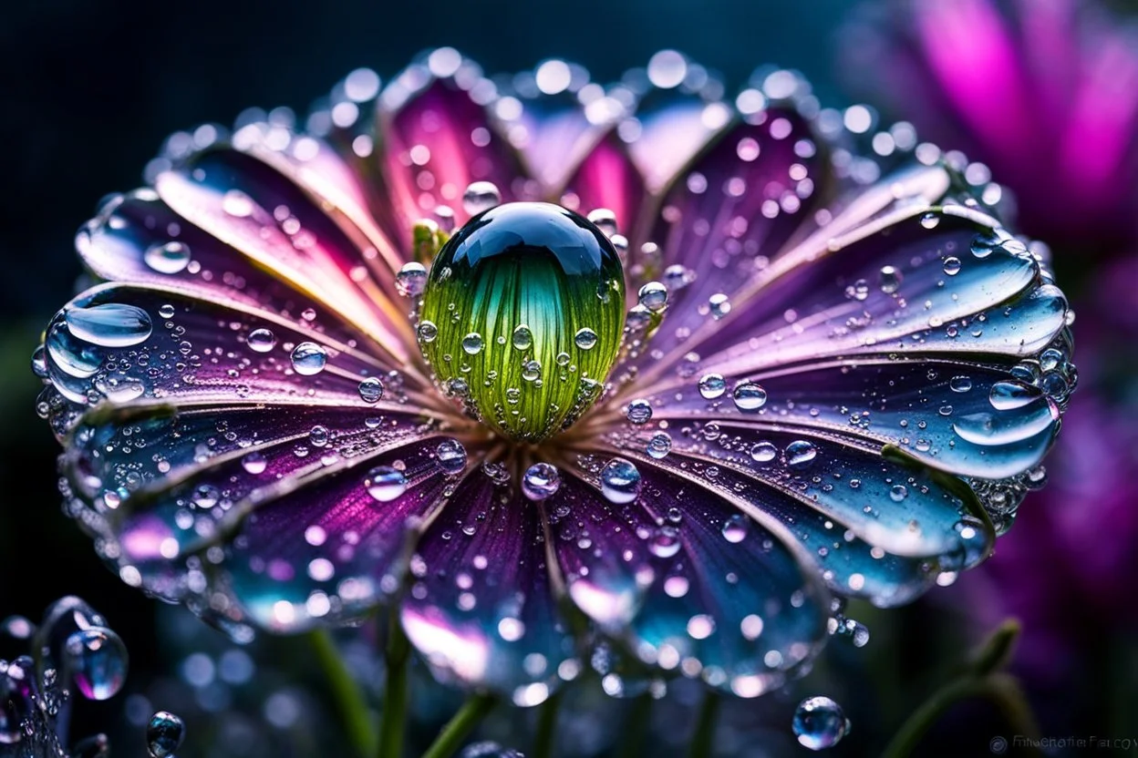 spring dew, macro photo, sparkling magical fantasy, glass flower dewdrop, very detailed, amazing quality, etheral, intricate, cinematic light, highly detailed, beautiful, epic, galaxy fantasy colors, stunning