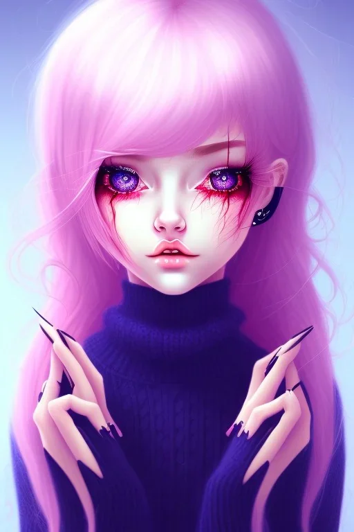 girl, cute, beautiful, big nose, pink hair, long hair, blue eyes, black sweater, bloody, long eyelashes, yandere, closed mouth