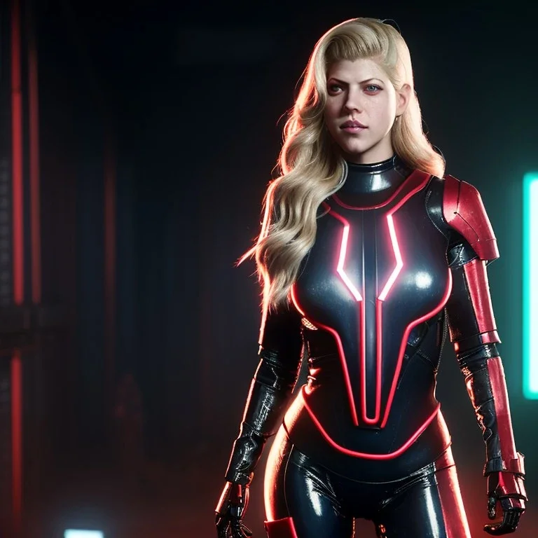 Actress, Katheryn Winnick, cyber woman, latex, blood, portrait, studio photo, unreal engine 5, samurai, 16 bit, god lights, ultra hd, vibrant color, night city background, neon, front view.